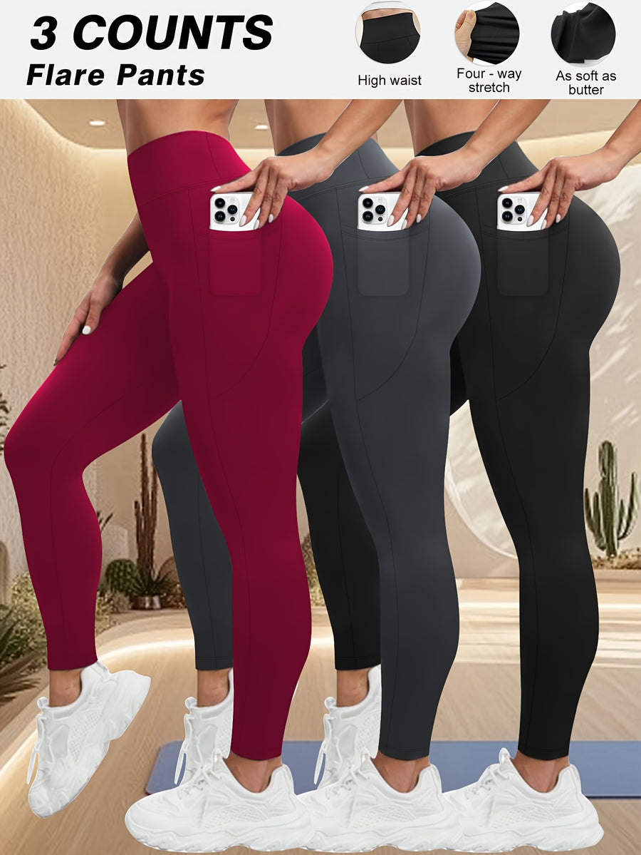 Plus Size - Plus Size - Set of 3 Plus-Size High-Waisted Tight Leggings for Women, Suitable for Outdoor And Workouts. The Fabric Is Highly Elastic, Providing Tummy Control And a Effect. Features Side Pockets for Phone Storage - 1 Black 1 Dark Gray 1 Wine Red