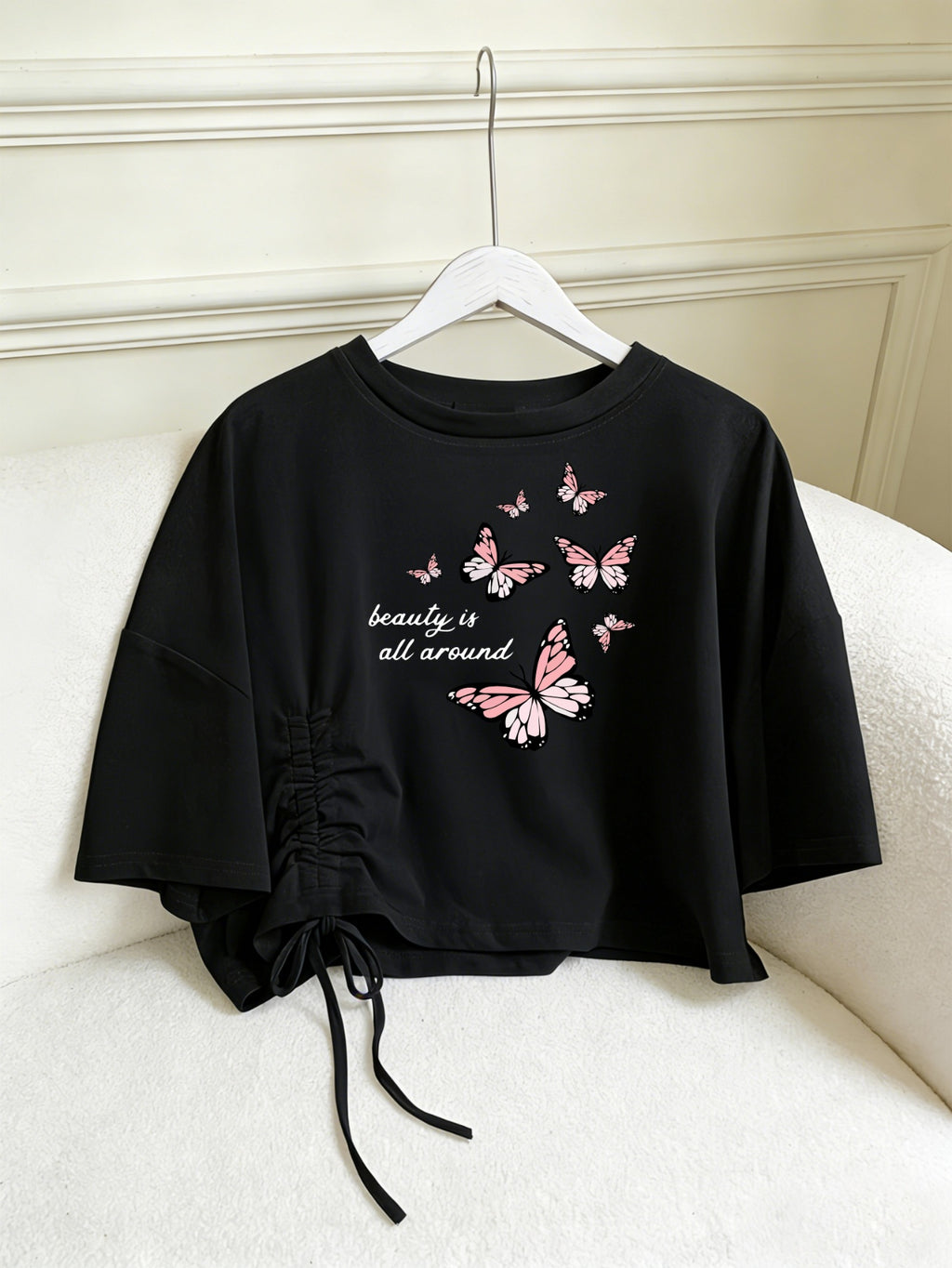 Women's Pink Butterfly & "Beauty Is All Around" T-Shirt - Loose-Fit Short Sleeve Top with Drop Waist Hem, Soft Machine Washable -Compatible Tee Suitable for Travel, Beach, Commuting, Casual Outfits - Black