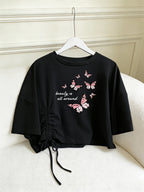 Women's Pink Butterfly & "Beauty Is All Around" T-Shirt - Loose-Fit Short Sleeve Top with Drop Waist Hem, Soft Machine Washable -Compatible Tee Suitable for Travel, Beach, Commuting, Casual Outfits - Black