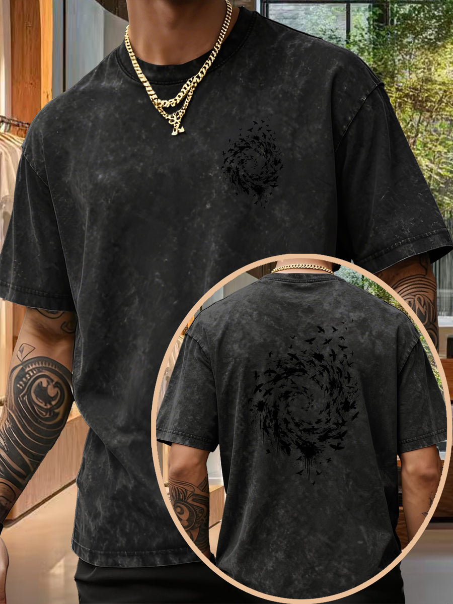 Men's Pure  Short-Sleeve Top with Trendy Double-Sided Print of Flocks of Birds and Spiral Ink Splatter Design, 12 Colors for  Mix-and-Match, Washed Distressed Loose Fit, National Trend Y2K Style for Commuting, Daily Outings, Sports - Black