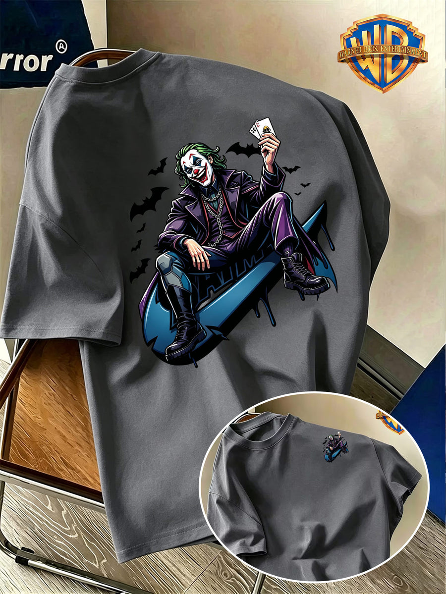 New Trendy Warner Bros. Double-Sided Print Men's Short-Sleeve T-Shirt, Halloween DC Joker Poker Bat Element Creative Print Pattern, American Dark Street Anime Style, Basic Crew Neck Design, Summer Skin-Friendly and Breathable T-Shirt Top - Dark Gray
