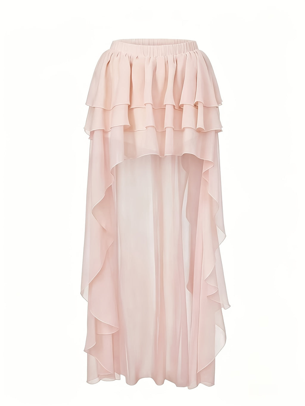 Women'S Elegant Layered Chiffon Ruffled Asymmetrical Maxi Skirt, Suitable for Autumn, Concerts, Vacation Wear, Ruffled Chiffon A-Line Skirt, Bohemian Beach Style - Pink Color