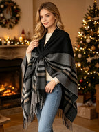 Women's Printed Front-Open Cardigan, Casual Shawl Cape Sweater, Wearable Blanket for Autumn, Winter, and Evening Wear - Deep Grey