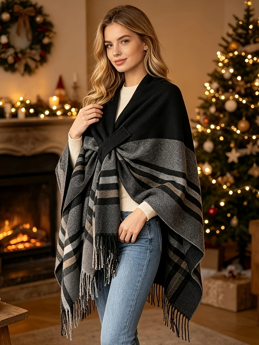 Women's Printed Front-Open Cardigan, Casual Shawl Cape Sweater, Wearable Blanket for Autumn, Winter, and Evening Wear - Deep Grey