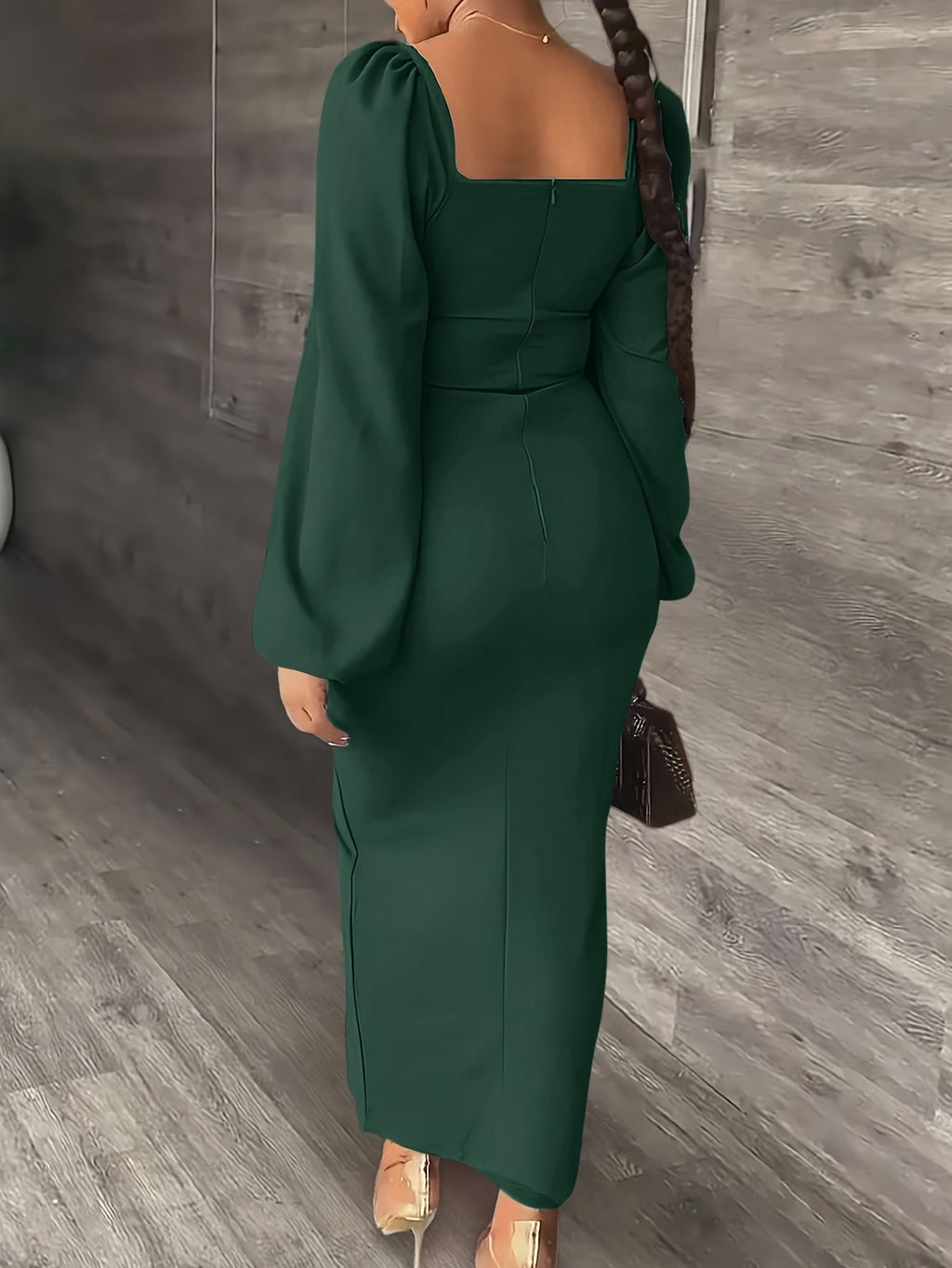 New European and American Style Fashion Slimming Split Long Sleeve Dress Trend - Dark Green