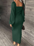 New European and American Style Fashion Slimming Split Long Sleeve Dress Trend - Dark Green