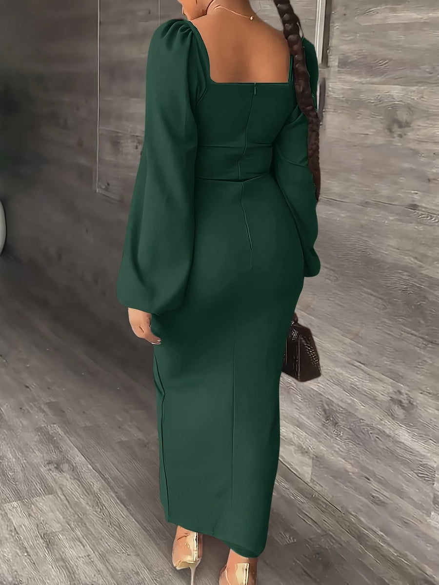 New European and American Style Fashion Slimming Split Long Sleeve Dress Trend - Dark Green