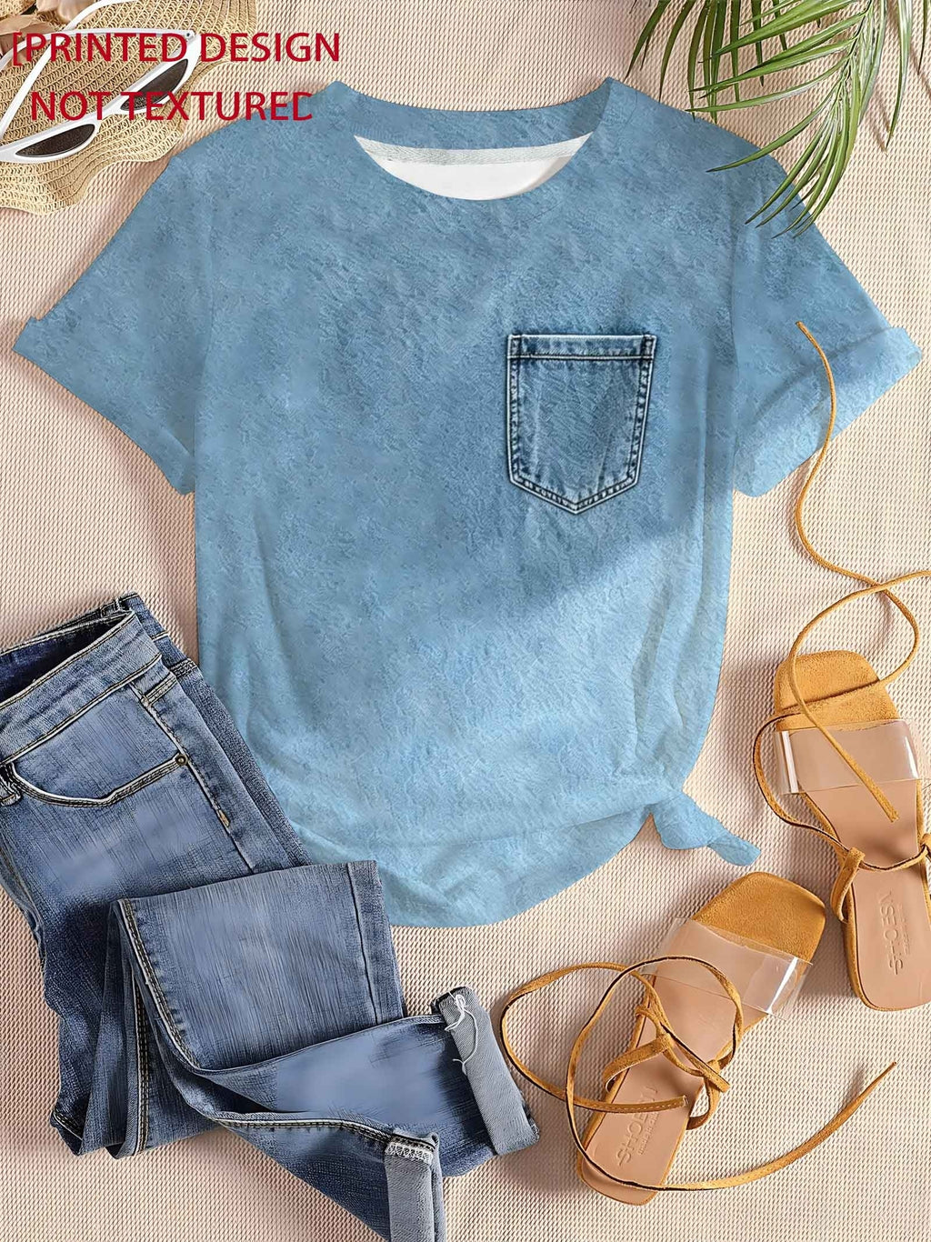 [Printed Pants - Not Denim Fabric] Printed Design - Plain Texture Women's Round Neck Short Sleeve T-Shirt, Imitation Washed Denim Pocket Print Design, Imitation Denim Texture Visual Pattern, Loose and Casual Fit, Simple and Versatile - Sky Blue