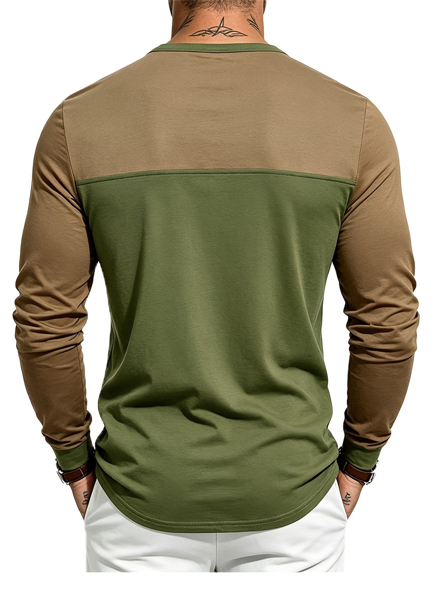 Men's Long Sleeve Henley T Shirt, Color Block Button Placket Pullover Top Loose Fit Casual Tee, Workout Sports Daily Commute Fall Mens Clothing - Brown On Top And Green On Bottom