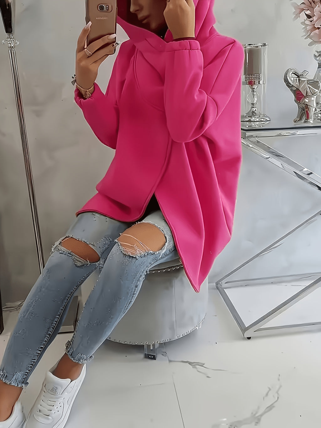 Plus Size, New European and American Women's Plus Size Hooded Sweatshirt with Full Front Zipper, Fashionable Asymmetric Hem Slit, Wide and Comfortable, Breathable, Thick and -Lined, Loose Fit, Long Sleeve, Warm for Autumn and Winter - Pink Color