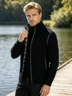 Men'S Stand Collar Zip-Up Vest, Thick Warm Sleeveless Sweater Waistcoat Gilet, Casual Fall Winter Outerwear Sleeveless Cardigan for Daily Commute Outdoor Street Wear - Black
