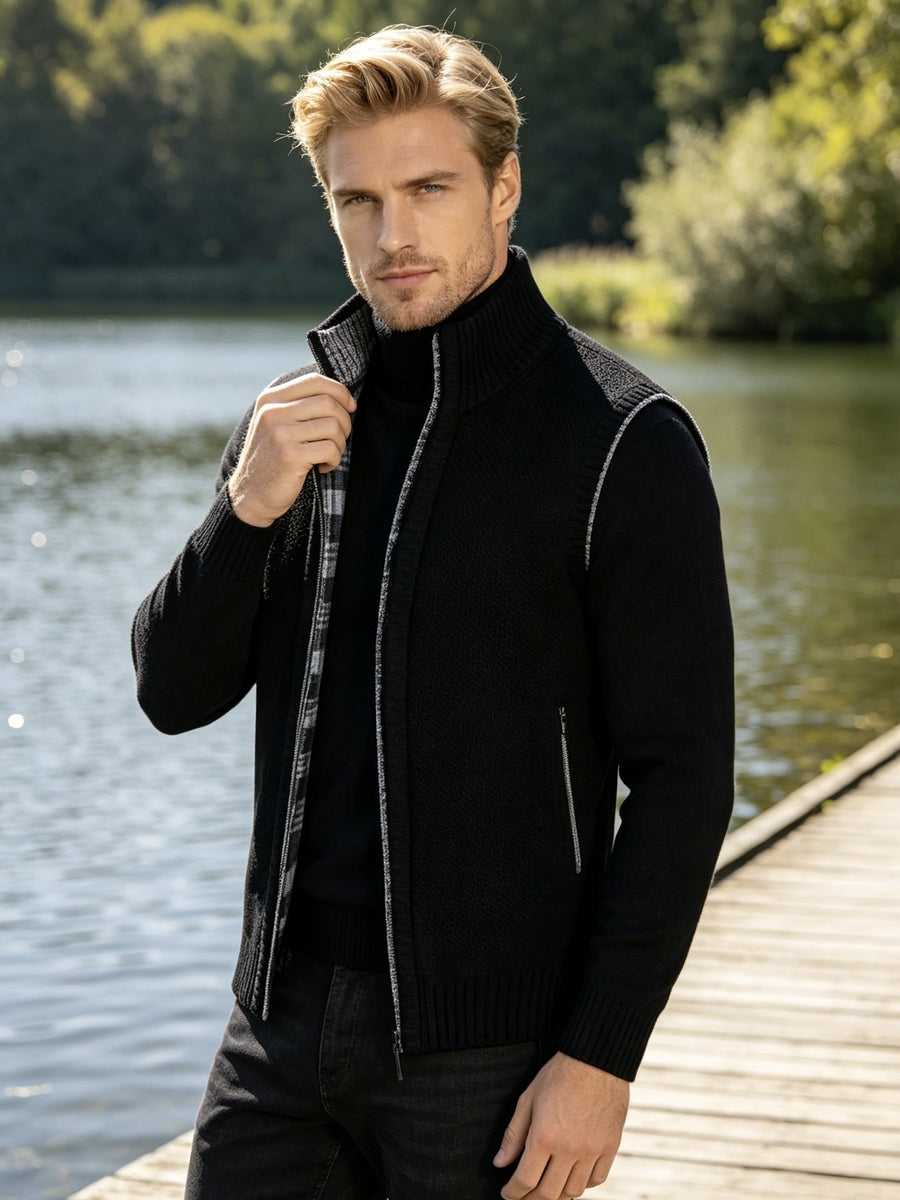 Men'S Stand Collar Zip-Up Vest, Thick Warm Sleeveless Sweater Waistcoat Gilet, Casual Fall Winter Outerwear Sleeveless Cardigan for Daily Commute Outdoor Street Wear - Black