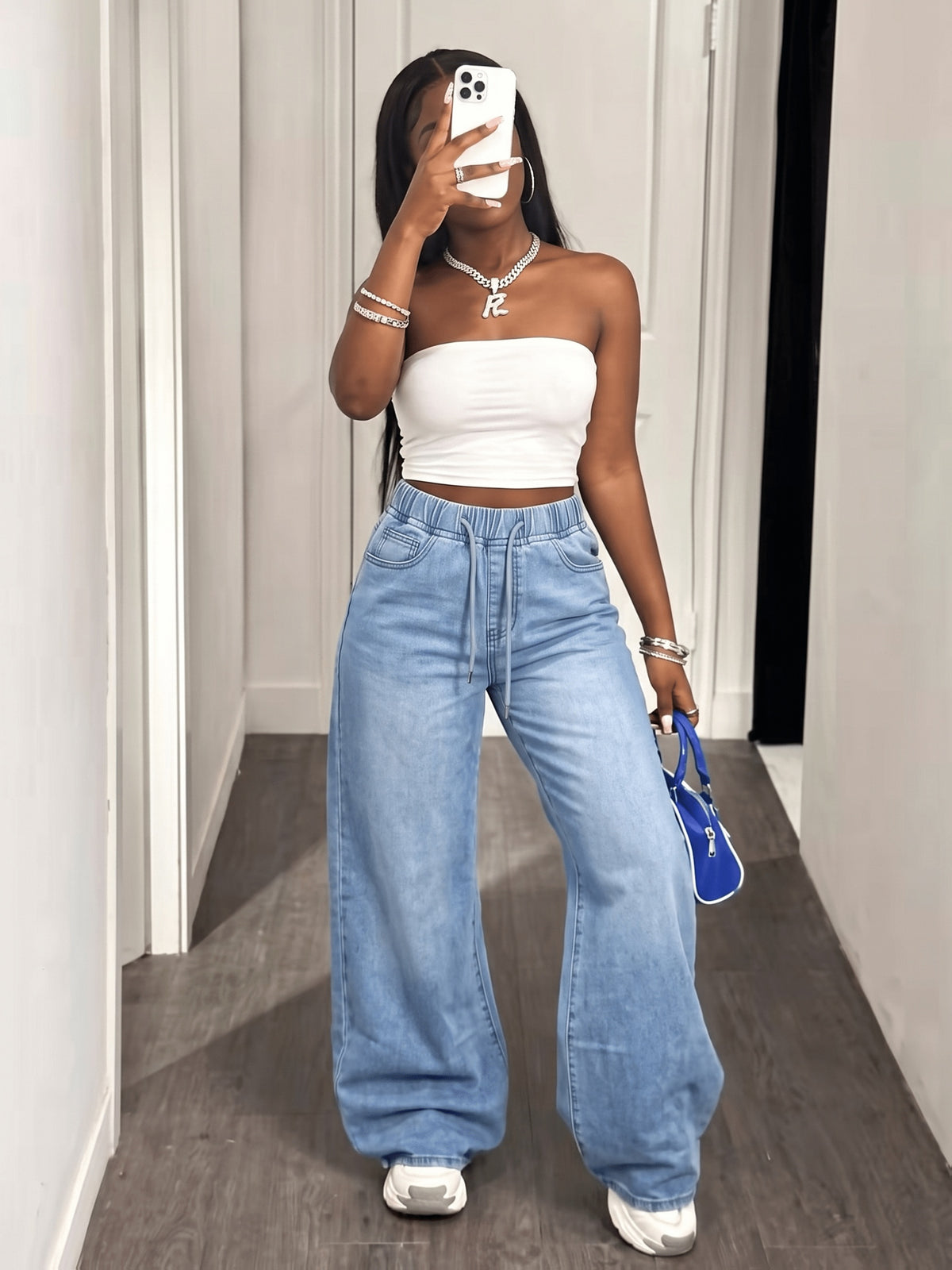 Women'S High-Waist Elastic Waist Drawstring Straight-Leg Jeans, Light Wash Loose Wide-Leg Trousers, Casual Street Style Commuter Pants - Blue