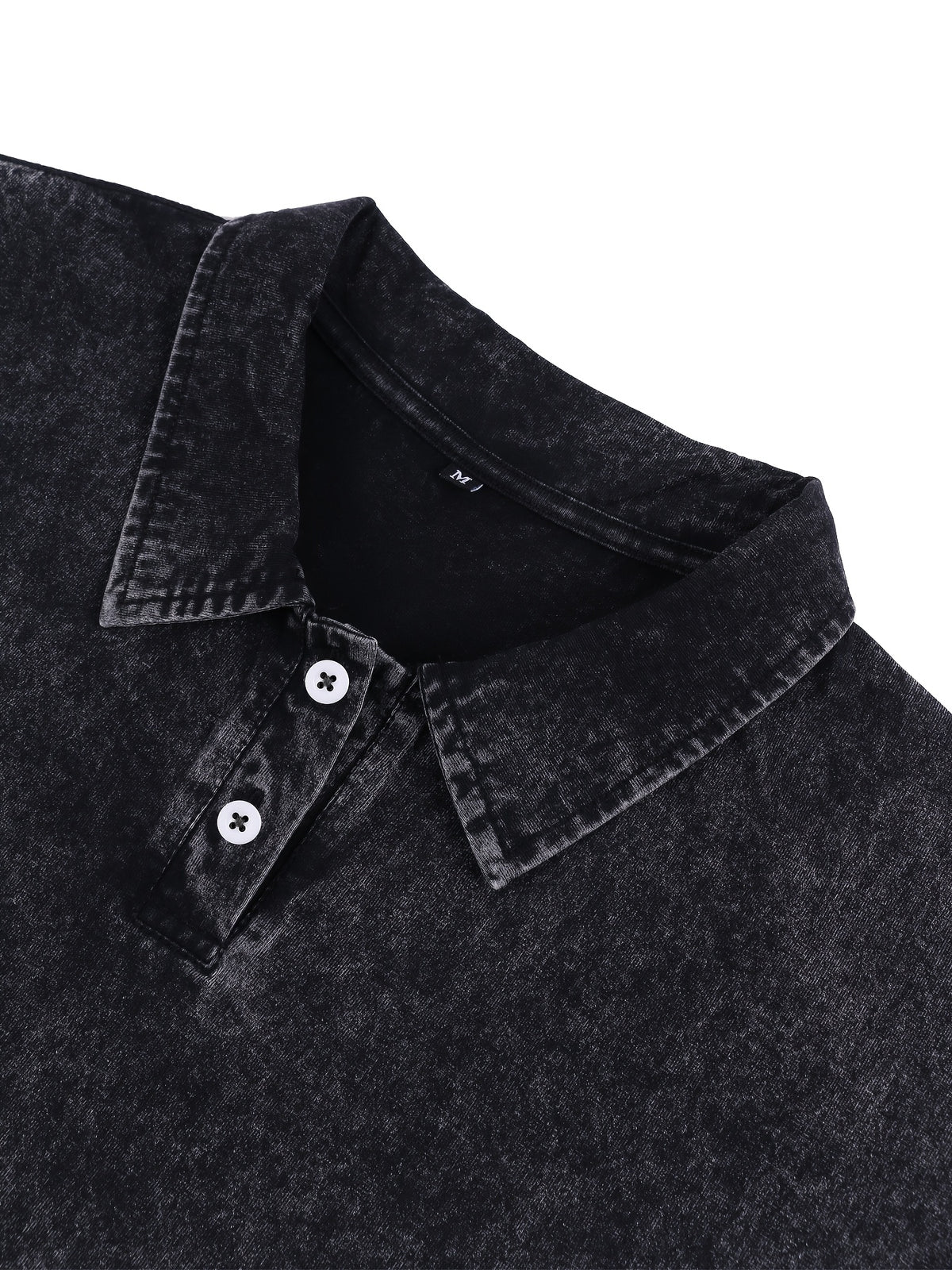 BLACK Print Men'S 100% Washed Solid Color Lapel Shirt Short Sleeve T-Shirt - Retro Distressed Design, Lightweight And Breathable Fabric, Streetwear Trendy Loose Top, Suitable for Casual Wear And Layering - Black