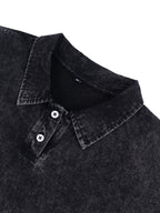 American Vintage Washed Distressed Heavyweight Polo Short Sleeve Men's Spring/Summer Streetwear Brand Loose Fit Versatile Short Sleeve Lapel T-Shirt Casual Street Top - Black