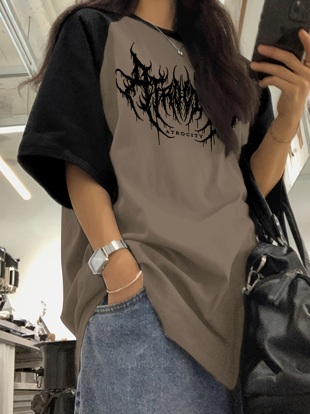 Casual Stylish Women'S Color-Block Batwing Letter Print Loose Comfortable Y2K Short-Sleeve T-Shirt - Brown