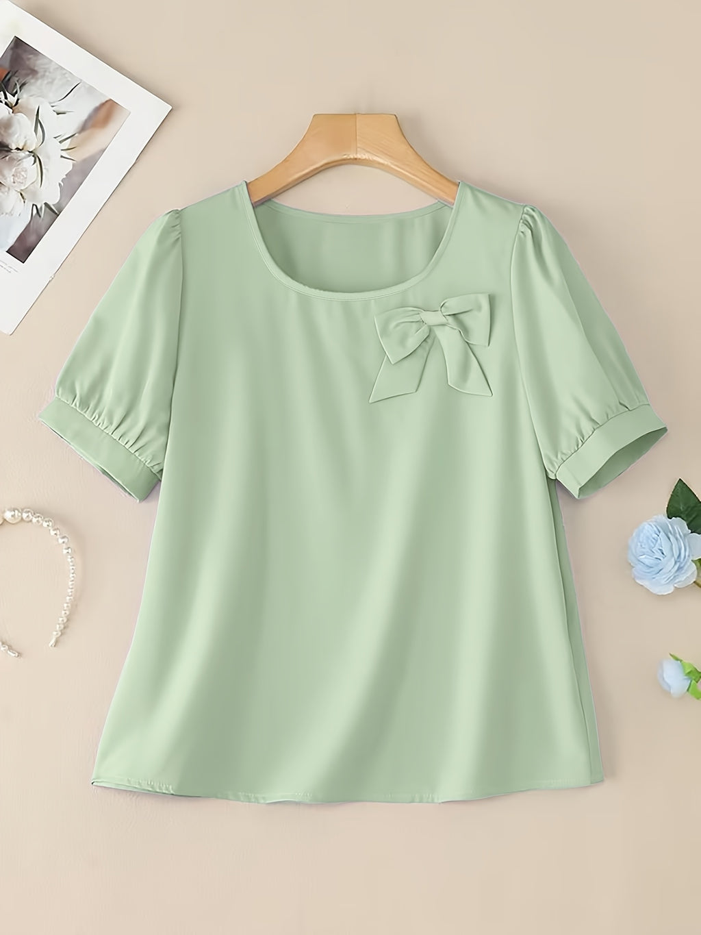 Elegant Casual Square Neck Short Sleeve Shirt with Bow and Puff Sleeves, Solid Color Top - Light Green