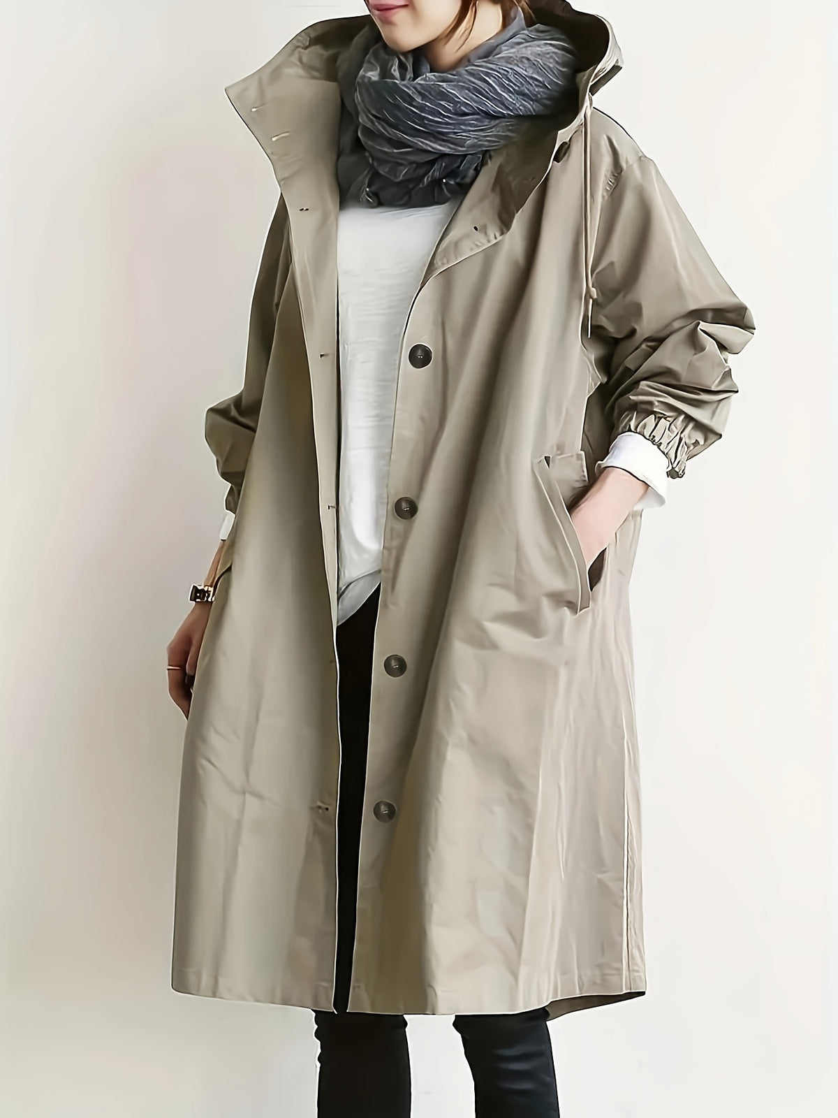 Solid Color Stylish Casual Loose Hooded Jacket with Lining - Khaki