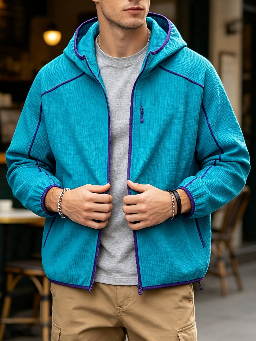 2026 New Men's Waffle Knit Textured Sport Jacket, Spring/Autumn Lightweight Hooded Outerwear, Suitable for Sports & Fitness, Outdoor Activities, Daily Home Wear, and Casual Outings - Blue