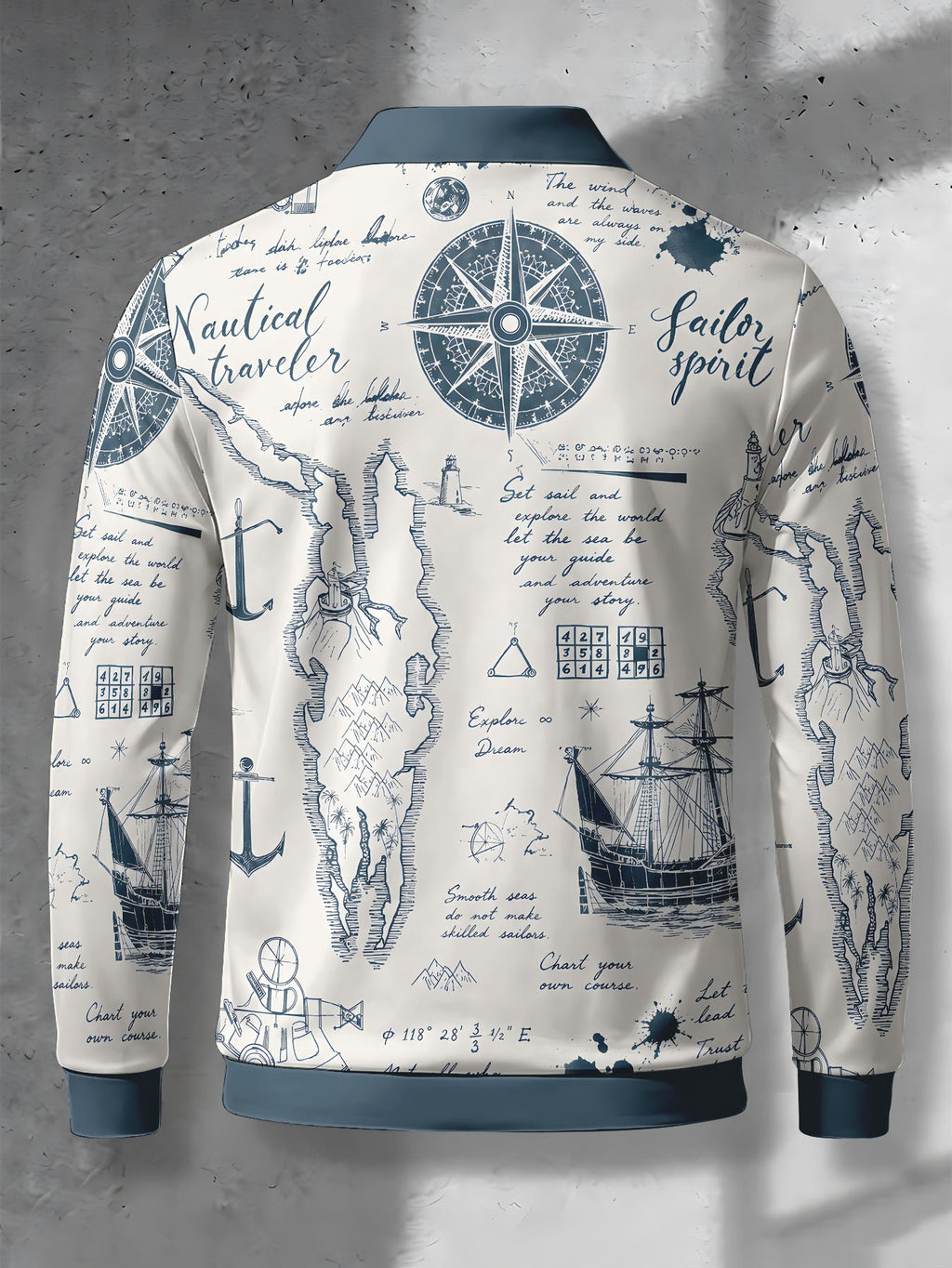 Men's Contrast Color Long Sleeve Polo Shirt, Lapel Collar Three-Button Casual Top with Vintage Nautical Manuscript Print, Versatile Men's Apparel for Spring/Autumn Business Commuting and Golf, Surprise Birthday/Holiday Gift for Young Men - Multicolor A