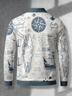 Men's Contrast Color Long Sleeve Polo Shirt, Lapel Collar Three-Button Casual Top with Vintage Nautical Manuscript Print, Versatile Men's Apparel for Spring/Autumn Business Commuting and Golf, Surprise Birthday/Holiday Gift for Young Men - Multicolor A