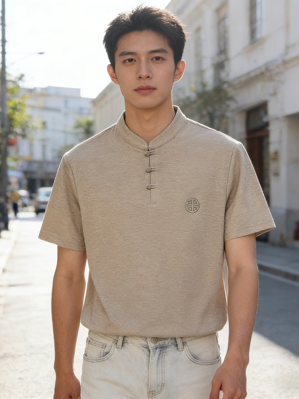 Summer New Fashion Chinese Style Comfortable Fabric Men'S Casual Sports Polo Shirt Short Sleeve, Gift, Casual Wear - Khaki