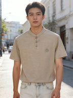 Summer New Fashion Chinese Style Comfortable Fabric Men'S Casual Sports Polo Shirt Short Sleeve, Gift, Casual Wear - Khaki