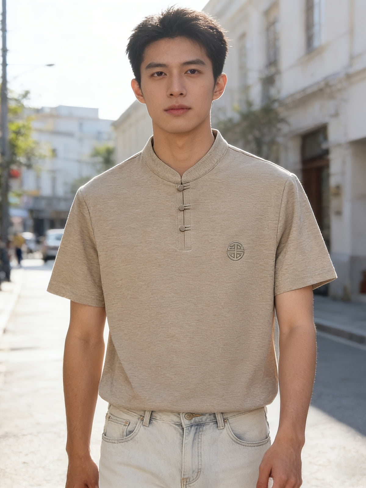 Summer New Fashion Chinese Style Comfortable Fabric Men'S Casual Sports Polo Shirt Short Sleeve, Gift, Casual Wear - Khaki
