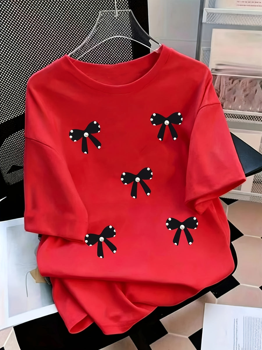 Black Bow Pearl Graphic Print Short-Sleeve T-Shirt, Comfortable Casual Top, Multiple Sizes Available, Perfect for Daily Wear And Weekend Outdoor - Red