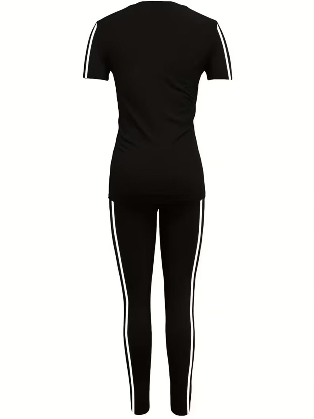 Spring/Summer Women's Set, Side Stripe Casual Sportswear, 2pcs Set for Women, Daily Wear, Round Neck Short Sleeve Top and Long Pants Set, Sizes S-XXL - Black
