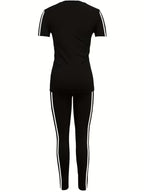 Spring/Summer Women's Set, Side Stripe Casual Sportswear, 2pcs Set for Women, Daily Wear, Round Neck Short Sleeve Top and Long Pants Set, Sizes S-XXL - Black