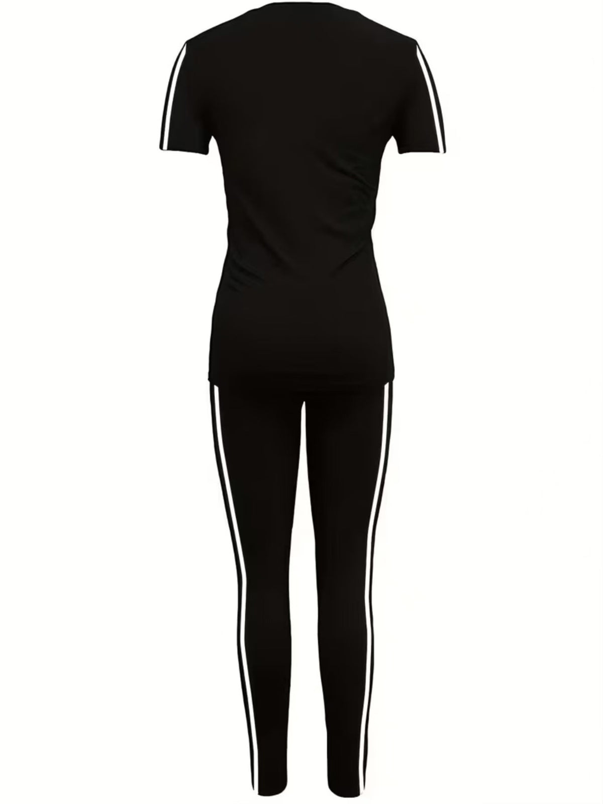 Spring/Summer Women's Set, Side Stripe Casual Sportswear, 2pcs Set for Women, Daily Wear, Round Neck Short Sleeve Top and Long Pants Set, Sizes S-XXL - Black