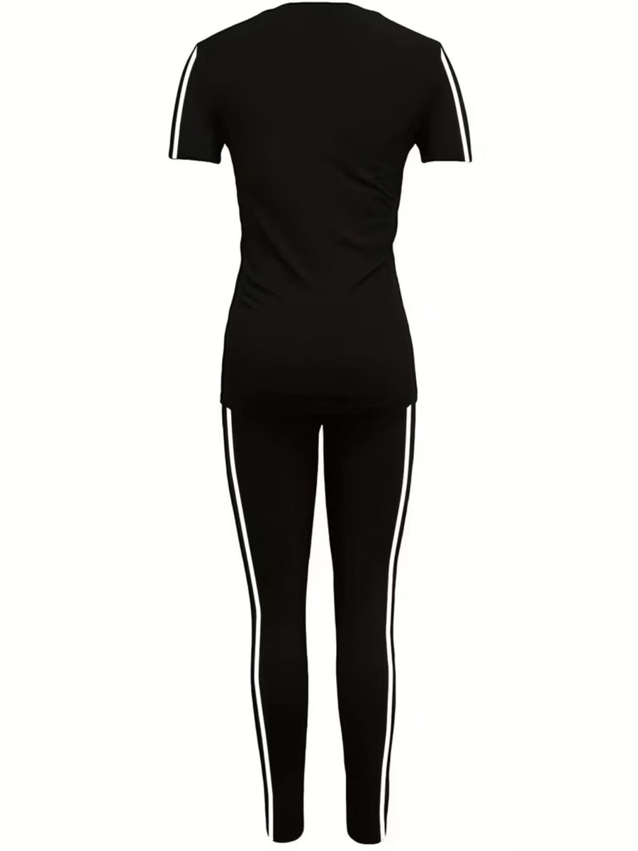 Spring/Summer Women's Set, Side Stripe Casual Sportswear, 2pcs Set for Women, Daily Wear, Round Neck Short Sleeve Top and Long Pants Set, Sizes S-XXL - Black