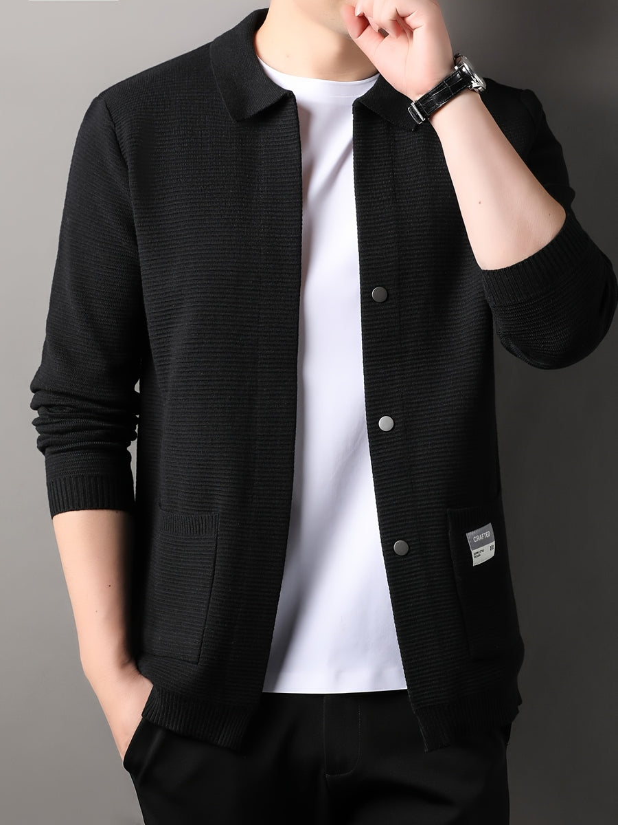 [Wading Whale OBM] Spring/Summer New Men'S Knit Cardigan, Old Money Style Solid Color Lapel Long Sleeve Open Front Sweater Jacket with Single Button Closure And Side Pockets, Suitable for Spring And Autumn Layering Or Outerwear - Black