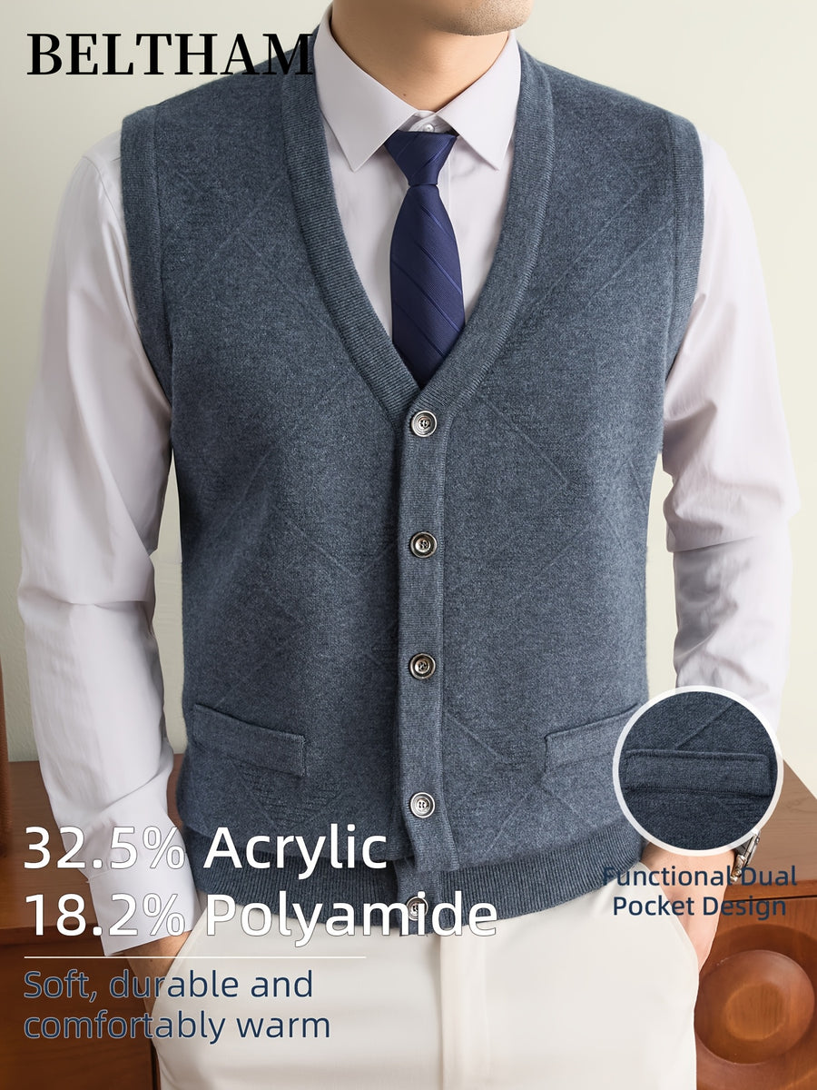 New Autumn Winter Men'S Knit Vest, Ideal Gift for Dad And Husband, with Pockets Warm Cold Resistant Soft Cozy Sweater Waistcoat, Minimalist Elegant Versatile Sleeveless Top for Daily Business Casual Camping Wear - Medium Gray
