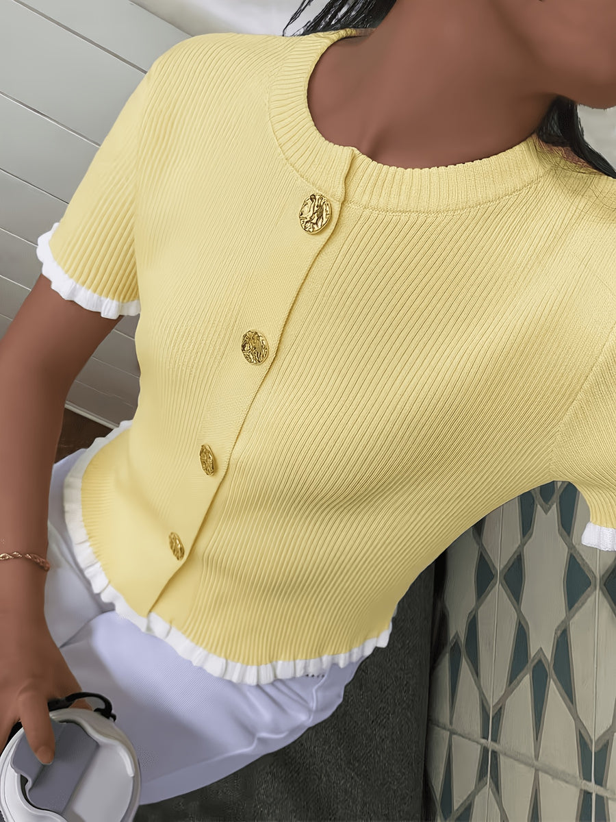 New Summer 2026 Button-Earring Edge Design, Elegant Casual Short Sleeve, Suitable for Dating and Daily Wear, Short Women's Cardigan - Yellow