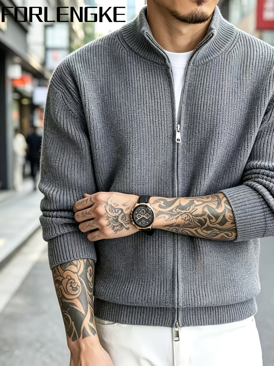 FORLENGKE Men Business Casual Stand Collar Full Zip Ribbed Knit Cardigan, Thick Warm Loose Long Sleeve Sweater Jacket for Fall Winter Office Daily Wear - Grey