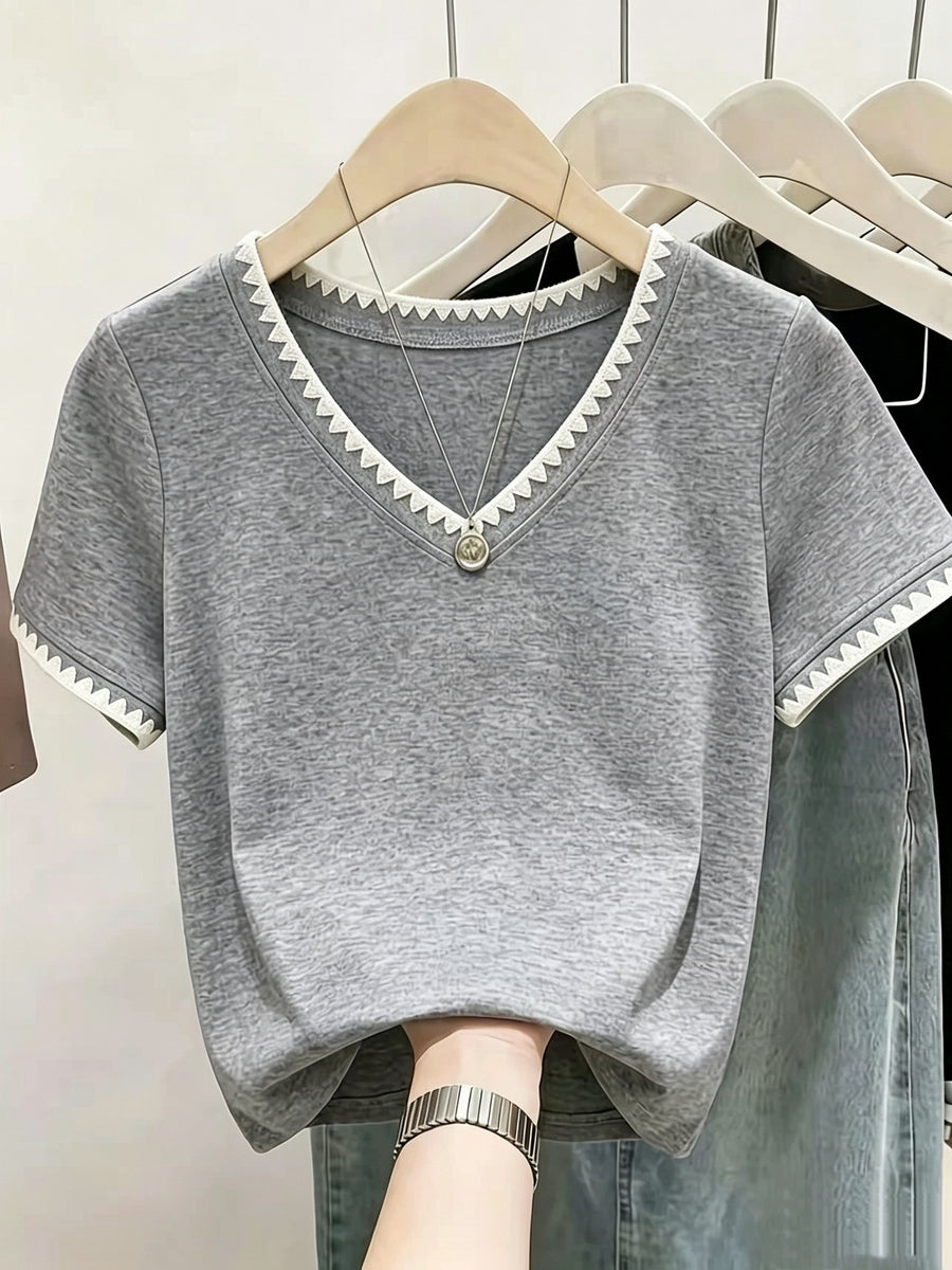 XXFL Directional Style Summer Regular Shoulder V-Neck Color-Block Fashion Versatile Short-Sleeve Top T-Shirt - Grey