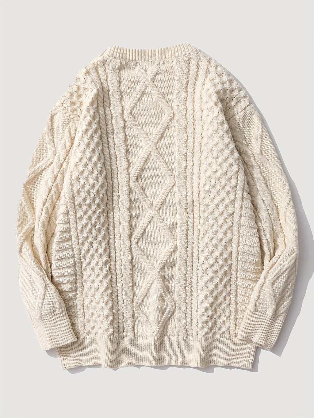 ANDREILEE Men's Japanese Vintage Rhombus Cable Knit Sweater - Oversized Loose Fit Crew Neck Sweater Suitable for Daily Wear, Office & Commuting, Warm Winter Pullover with Cable, Hand Washable Solid Color Knitwear - Apricot