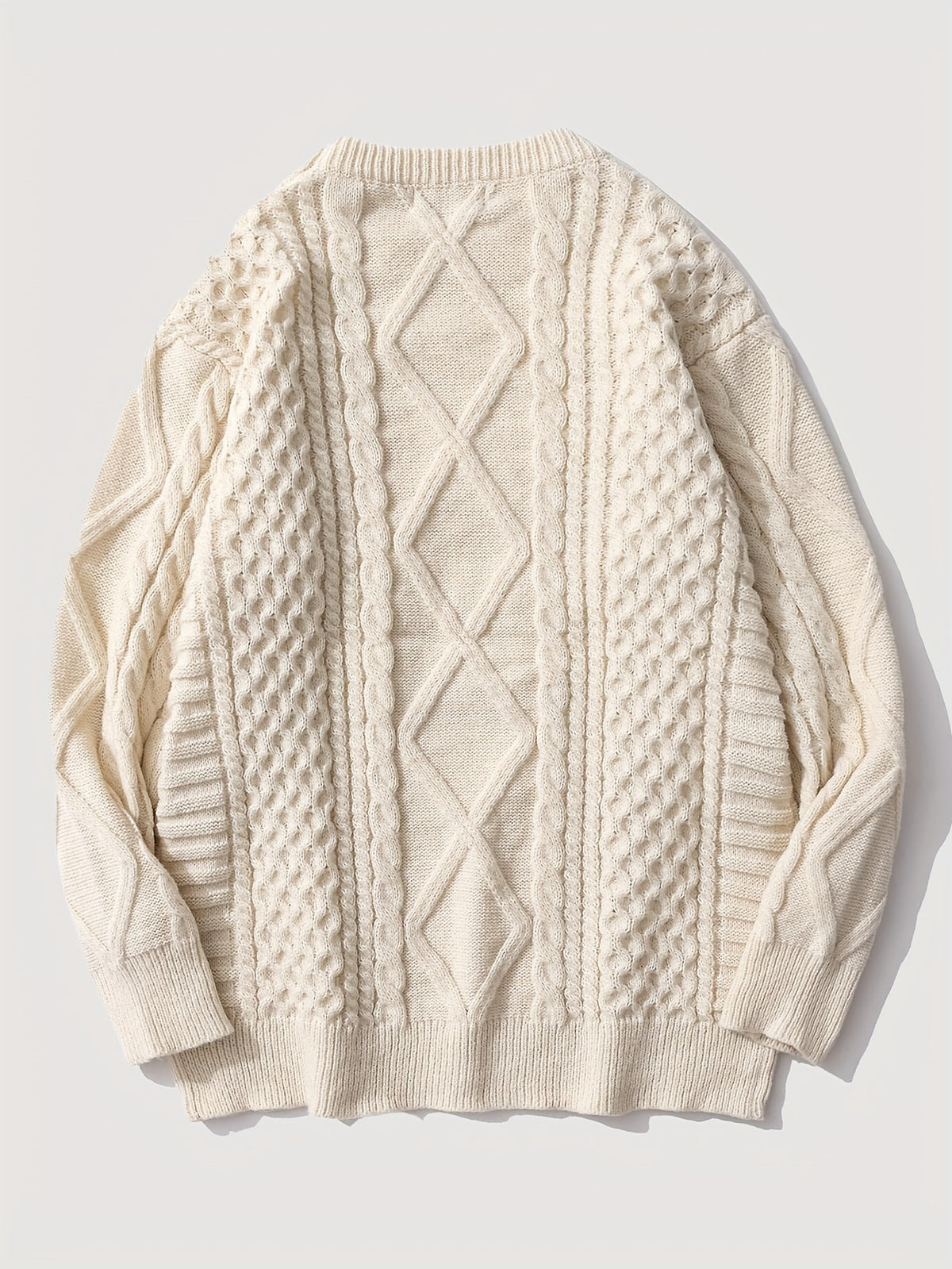 ANDREILEE Men's Japanese Vintage Rhombus Cable Knit Sweater - Oversized Loose Fit Crew Neck Sweater Suitable for Daily Wear, Office & Commuting, Warm Winter Pullover with Cable, Hand Washable Solid Color Knitwear - Apricot