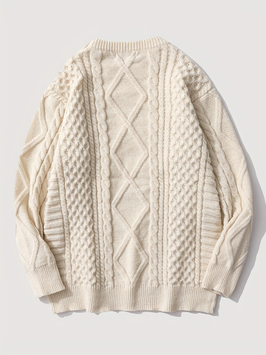 ANDREILEE Men's Japanese Vintage Rhombus Cable Knit Sweater - Oversized Loose Fit Crew Neck Sweater Suitable for Daily Wear, Office & Commuting, Warm Winter Pullover with Cable, Hand Washable Solid Color Knitwear - Apricot