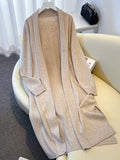 Lazy Style Long Cardigan Women'S Spring Autumn Loose Over-The-Knee Open Front Coat Versatile Outerwear Side Slit Easy Sweater QD260615164 - Apricot