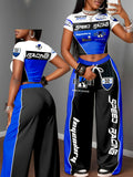 Y2K Spicy Style Vintage Racing Suit Print Spring Summer Two-Piece Set Short Round Neck Crop Top And Wide Leg Pants Outfit Street Sexy Trendy Wear Campus Style Short Party Wide Leg Trousers Set Marathon Street Style Urban Fashion Set - Blue