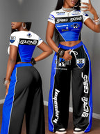 Y2K Spicy Style Vintage Racing Suit Print Spring Summer Two-Piece Set Short Round Neck Crop Top And Wide Leg Pants Outfit Street Sexy Trendy Wear Campus Style Short Party Wide Leg Trousers Set Marathon Street Style Urban Fashion Set - Blue