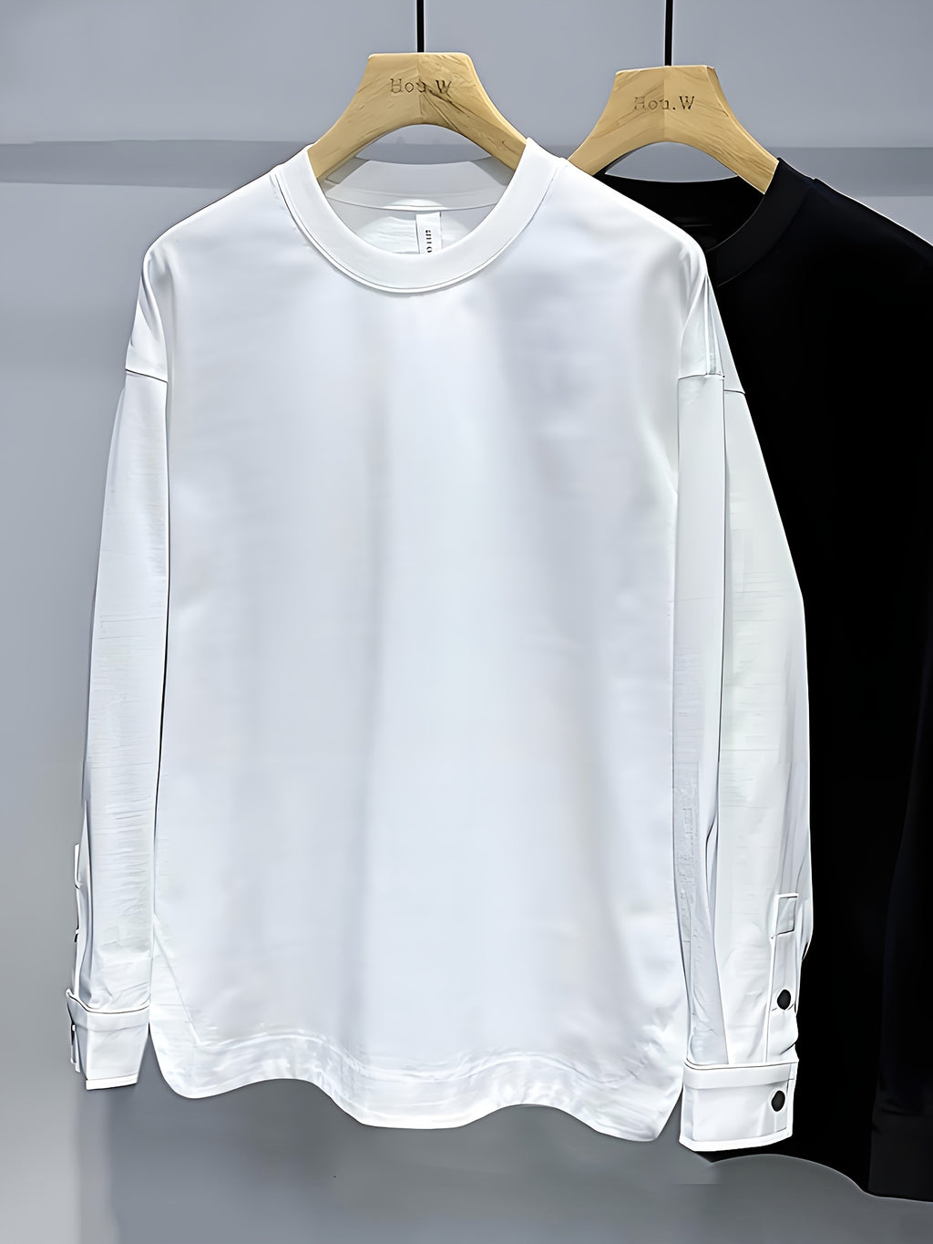 Buckle Shirt Pullover Round Neck Sporty Spring Autumn Solid Color Long Sleeve Men'S Slit Button Cuff Top - White