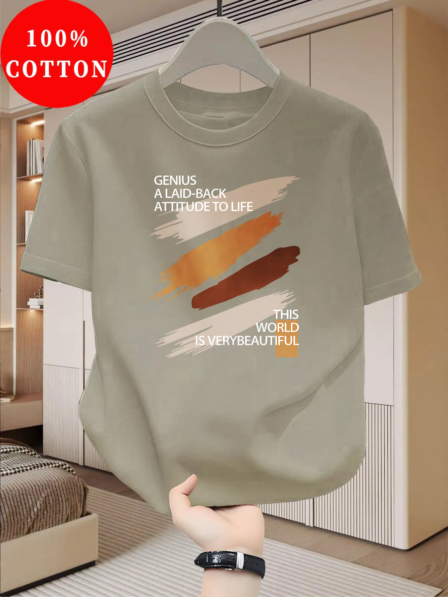 100% Cotton Men's T-Shirt, Summer Short Sleeve Thin Top, Trendy Fashionable Slim Fit, Simple and Casual, Versatile for Daily Wear, Artistic Brushstroke English Print with  Slogan Pattern - Khaki
