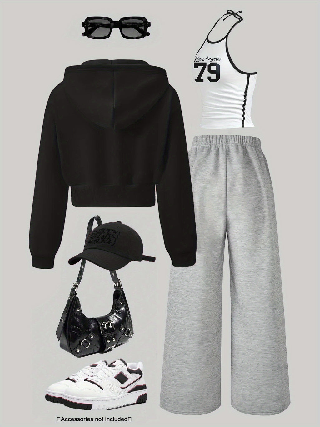 Women's 3pcs Set: Jacket, Number + Letter Print Vest, Wide-Leg Pants Set | Casual Loose Autumn/Winter Outfit | Complete Autumn/Winter Outfit | Color-Block Vest Hooded Jacket and Pants Set | Suitable for Daily Wear, Commuting, - Black/gray/white