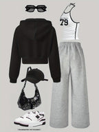 Women's 3pcs Set: Jacket, Number + Letter Print Vest, Wide-Leg Pants Set | Casual Loose Autumn/Winter Outfit | Complete Autumn/Winter Outfit | Color-Block Vest Hooded Jacket and Pants Set | Suitable for Daily Wear, Commuting, - Black/gray/white
