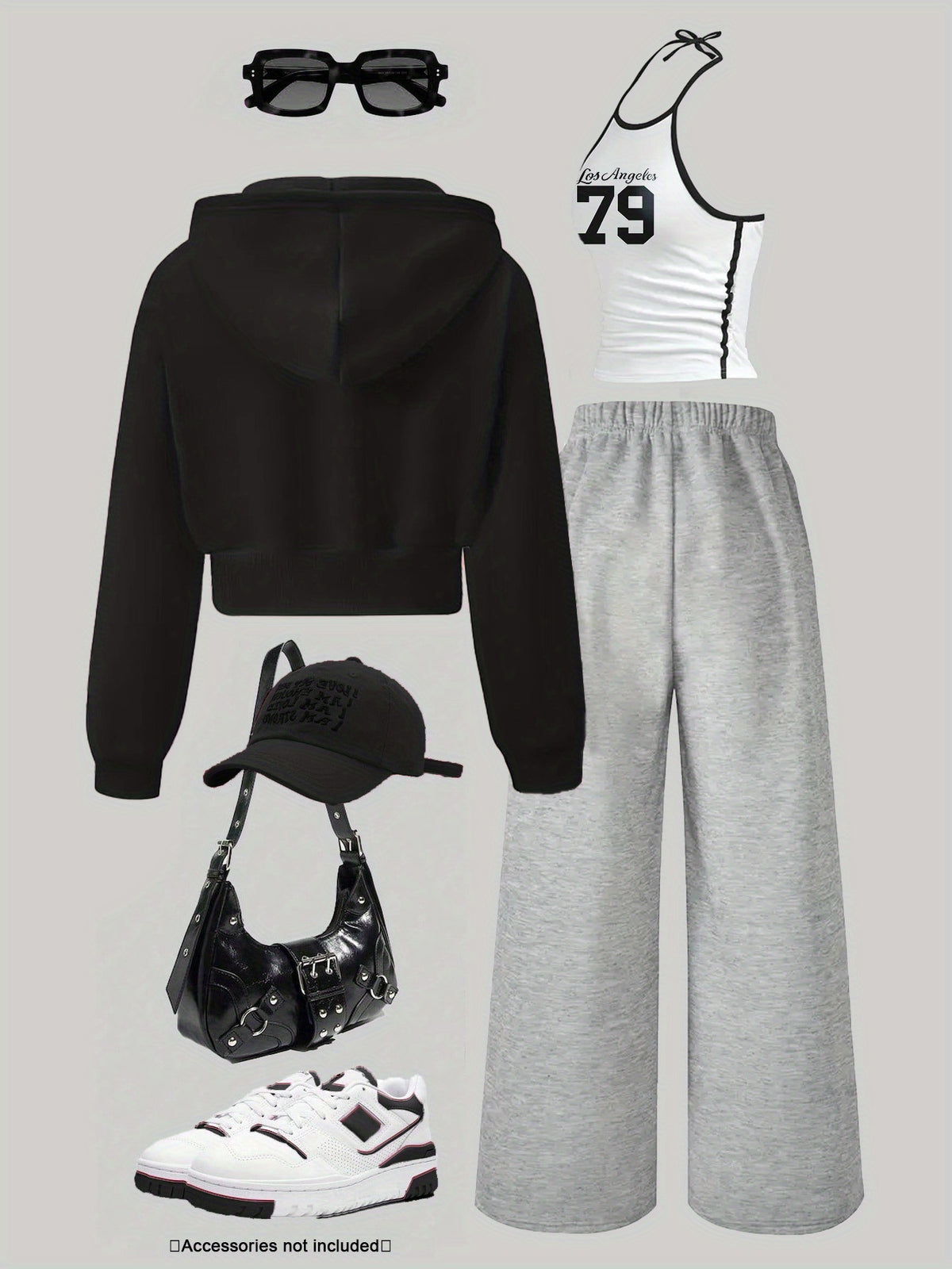 Women's 3pcs Set: Jacket, Number + Letter Print Vest, Wide-Leg Pants Set | Casual Loose Autumn/Winter Outfit | Complete Autumn/Winter Outfit | Color-Block Vest Hooded Jacket and Pants Set | Suitable for Daily Wear, Commuting, - Black/gray/white