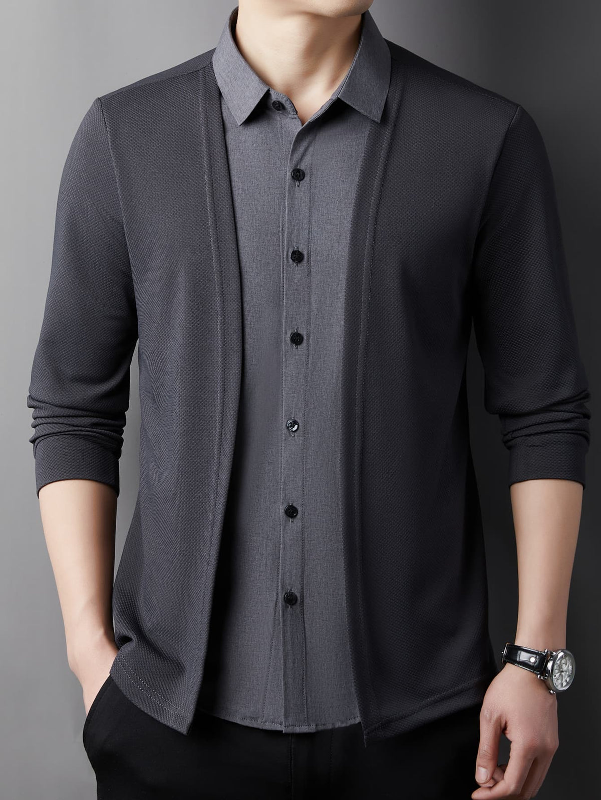 Old Money Style Lapel Patchwork Design, Simple Early Autumn Men's Color-Blocked Fabric, Skin-Friendly, Soft, and Warm, Can Be Worn as Inner or Outer Layer, Trendy Outfit for Work Commute, Business Casual, Daily Outings, Men's Casual Sport Sweater - Grey